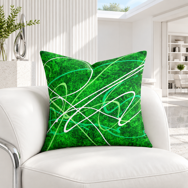 Green Energy pillow in a bright-white gallery room
