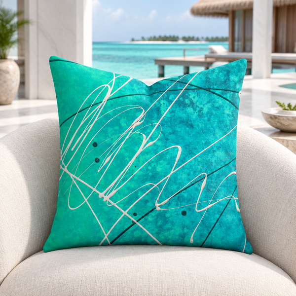 Gulf Waters pillow in a Maldives overwater resort suite