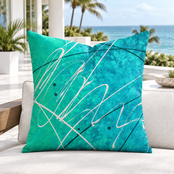 Gulf Waters pillow on a Palm Beach coastal terrace