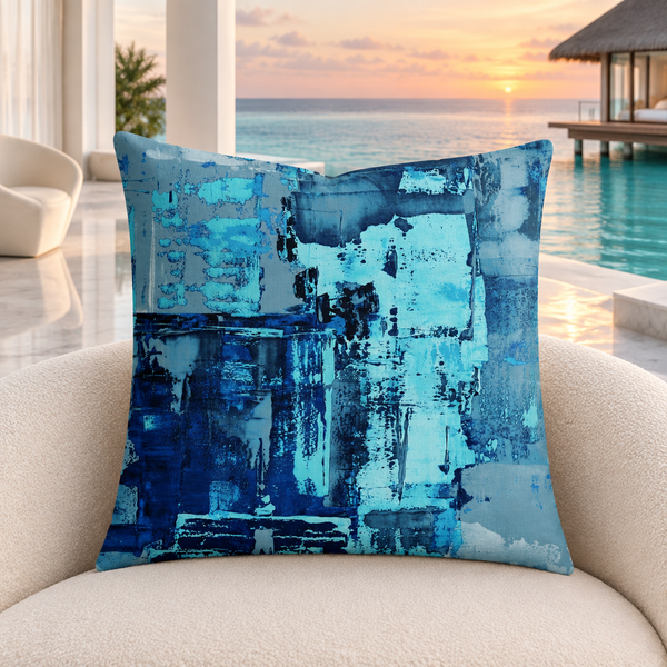 Blue 4 pillow upright in a modern Maldives villa at an understated sunset