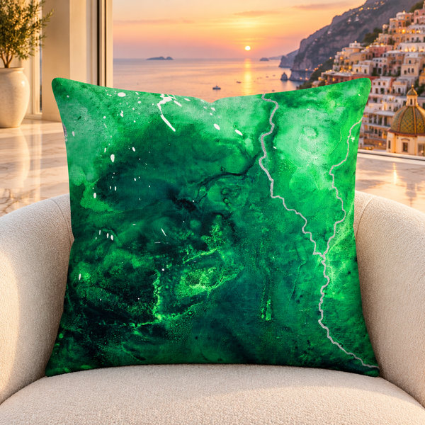 Green Energy 4 pillow upright in a modern Positano villa at sunset
