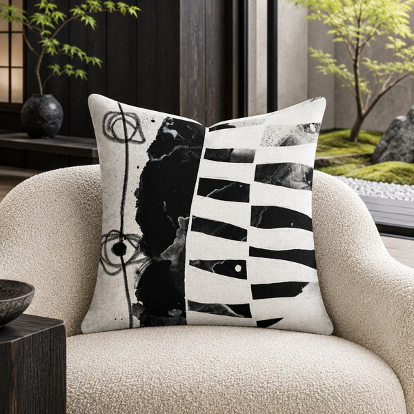 Modern Black White 2-1 pillow in Tokyo-inspired courtyard home
