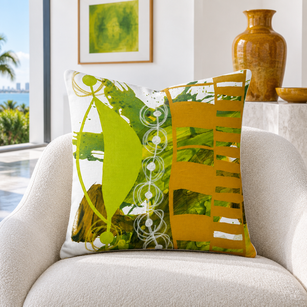 Chartreuse and Yellow Ochre 1 pillow in white Miami gallery with colorful details