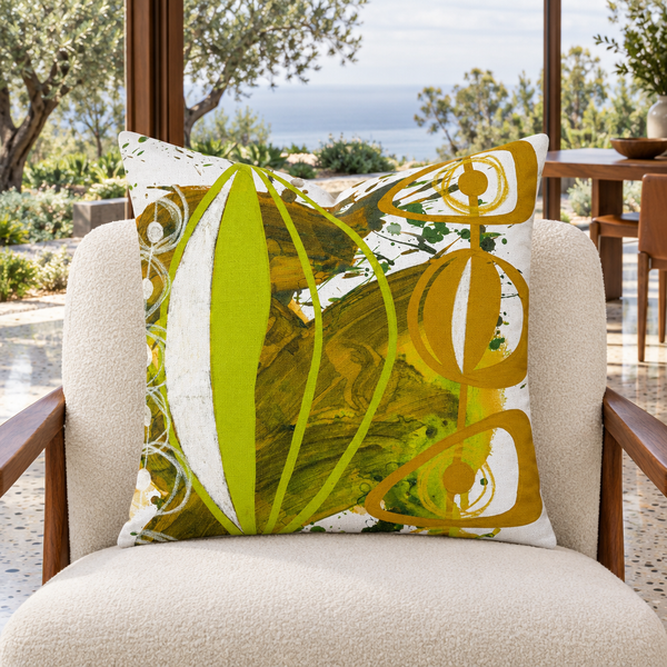 Chartreuse Yellow Ochre 4 pillow in California mid-century hillside home