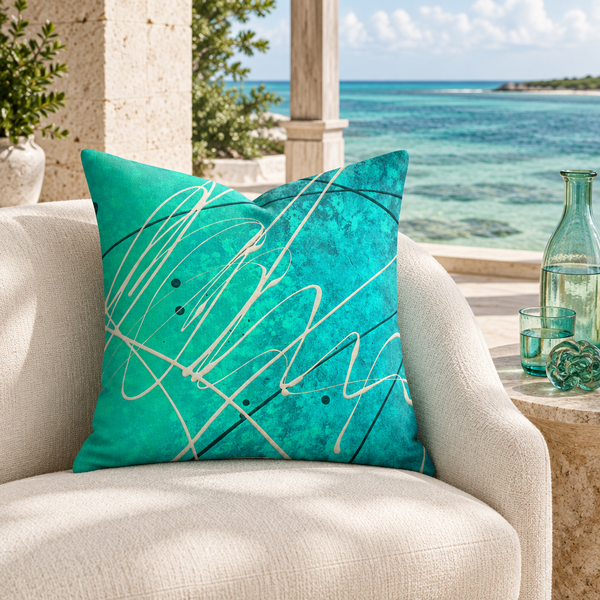 Gulf Waters 22-inch pillow on coastal veranda overlooking emerald water with glass accents