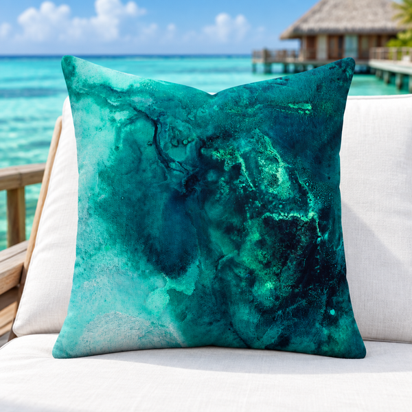 Aquatic Emerald pillow standing upright on a Maldives villa deck above a turquoise emerald lagoon