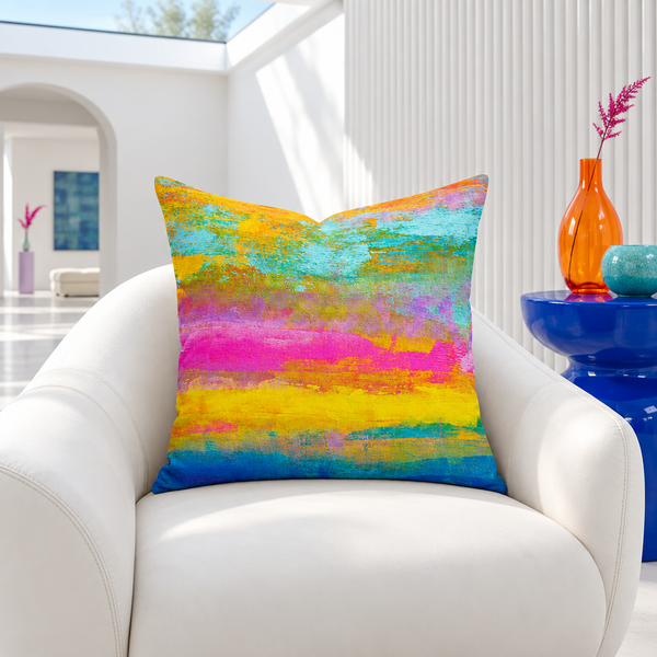 Opal art pillow in a bright white salon with a cobalt table and orange vase
