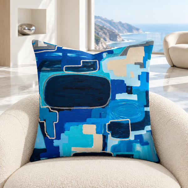 In the City pillow upright in a bright Malibu gallery-style coastal residence