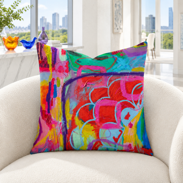 Destination Happiness 1 pillow in bright white penthouse with colorful glass