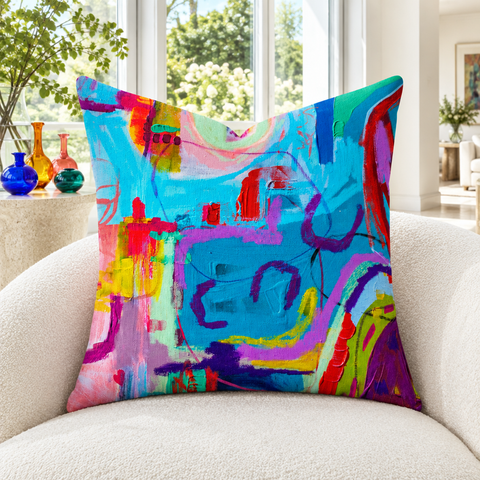 Destination Happiness 4 pillow in bright white collector conservatory with colorful glass