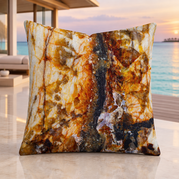 Rust Marble pillow in a modern Maldives villa at a subtle natural sunset