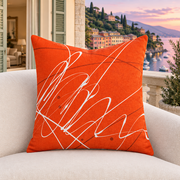 Vermillion pillow on Portofino harbor balcony at sunset