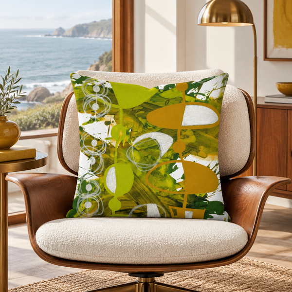 Chartreuse Yellow Ochre 3 pillow in walnut mid-century collector lounge