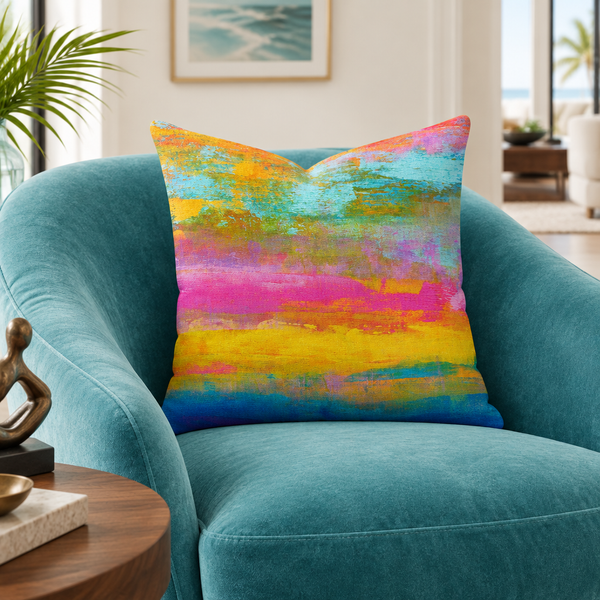 Opal fine art pillow on a turquoise aqua velvet chair in an airy luxury room