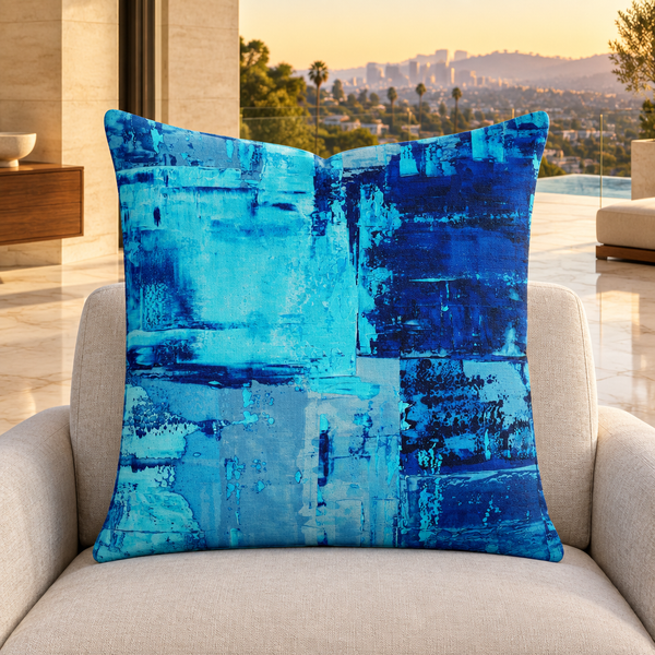 Blue 3 pillow upright in a warm modern Hollywood Hills villa