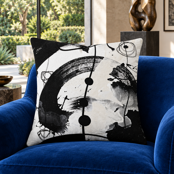 Modern Black White 2-5 pillow on cobalt chair in Los Angeles collector residence