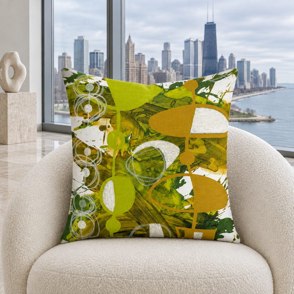 Chartreuse Yellow Ochre 3 pillow in cool-white Chicago lakeshore apartment