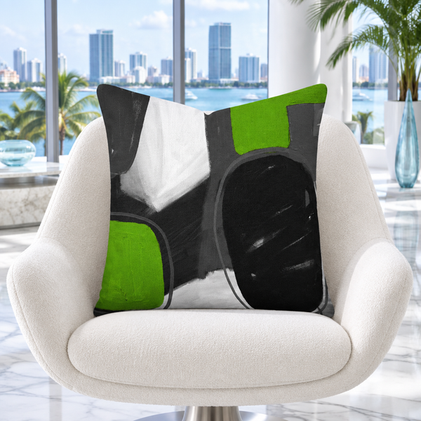 Lime and Gray pillow in white Miami art villa with marble floor