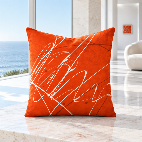 Vermillion pillow in a cool-white Malibu gallery home with marble floors and a small matching artwork softly blurred in the distance