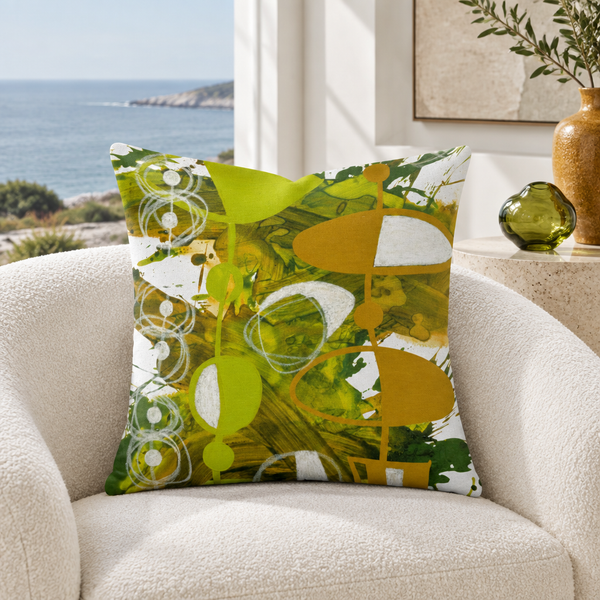 Chartreuse Yellow Ochre 3 pillow in white room with ochre and green accents