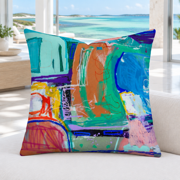 Close-up of the Reminiscence -1 pillow in a white marble Turks and Caicos resort suite