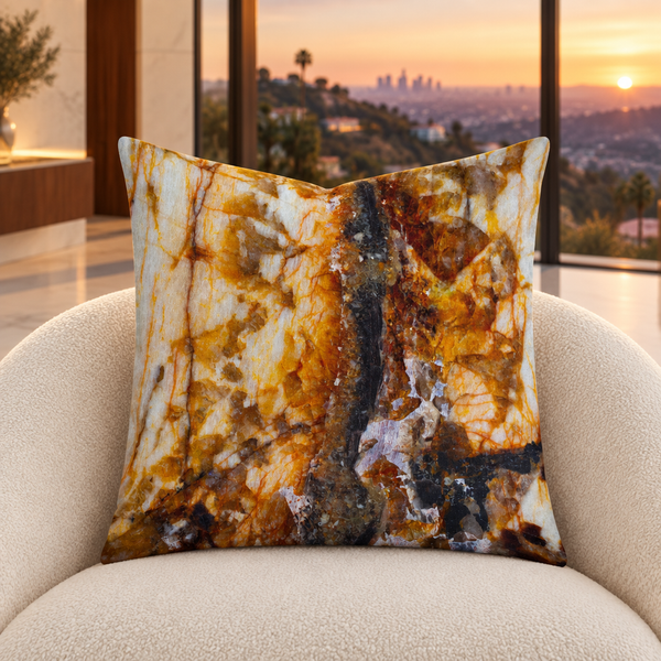 Rust Marble pillow close up in a modern Hollywood Hills room at natural sunset