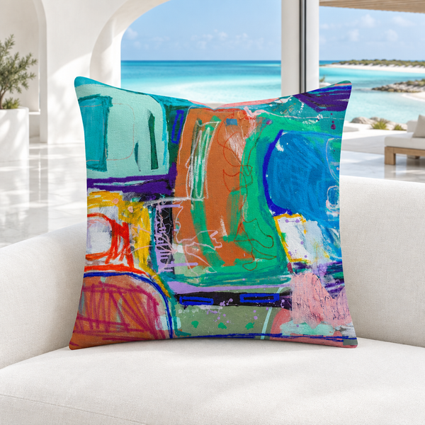 Close-up of the Reminiscence -1 pillow in a bright modern Turks and Caicos villa lounge