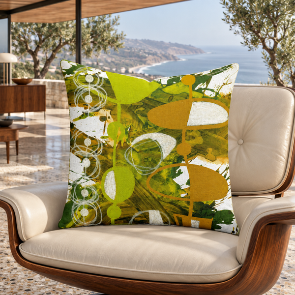 Chartreuse Yellow Ochre 3 pillow in California mid-century hillside home