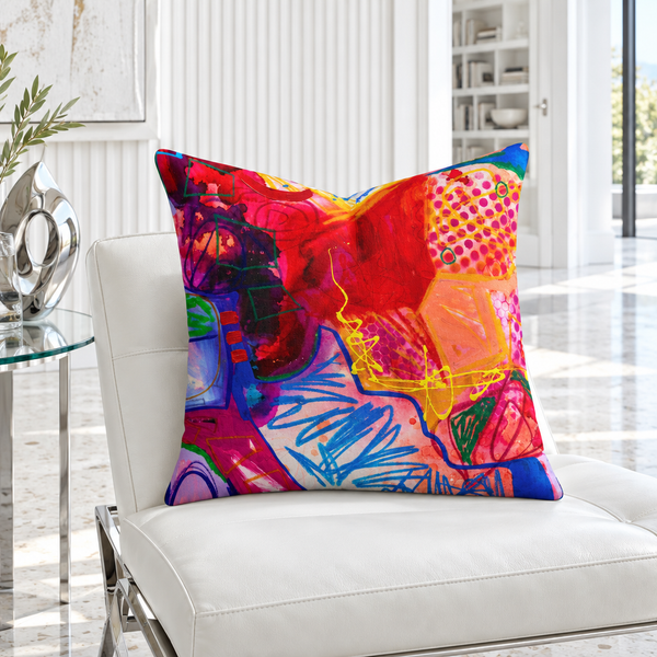 A Vibrant Life 3 art pillow in a cool bright white gallery room