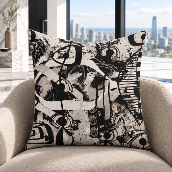 Modern Black White and Taupe 2bc pillow upright in a modern marble-floor resort penthouse