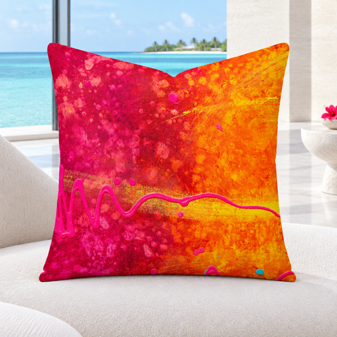 Summertime pink and orange 22-inch pillow upright in a cool-white modern Maldives room with pale marble floor