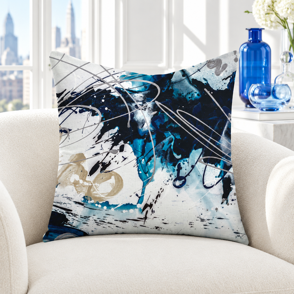 Nautical 2 pillow in white collector room with blue glass