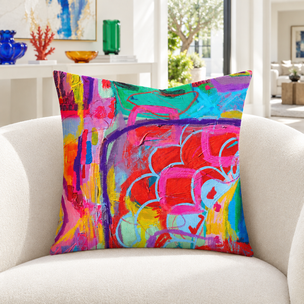 Destination Happiness 1 22-inch pillow in bright white collector conservatory with colorful glass