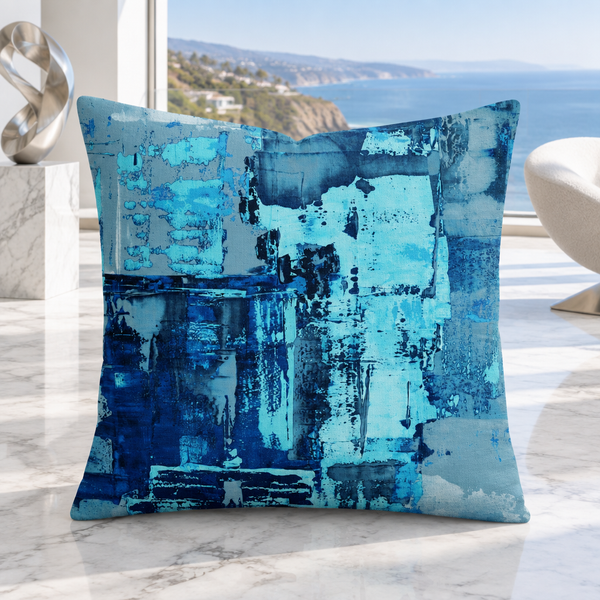 Blue 4 pillow upright in a bright gallery-like Malibu coastal residence