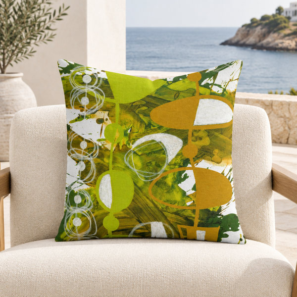 Chartreuse Yellow Ochre 3 pillow in white coastal modern home