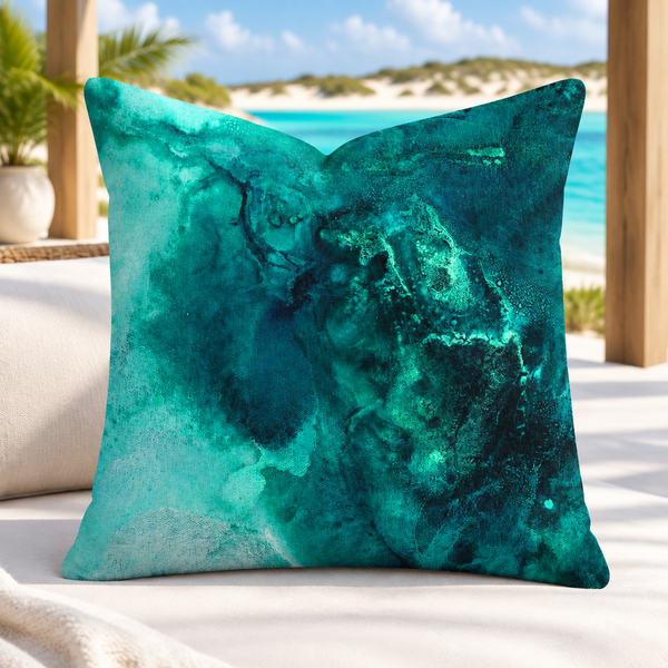 Aquatic Emerald pillow standing upright in a Turks and Caicos pavilion above emerald lagoon water