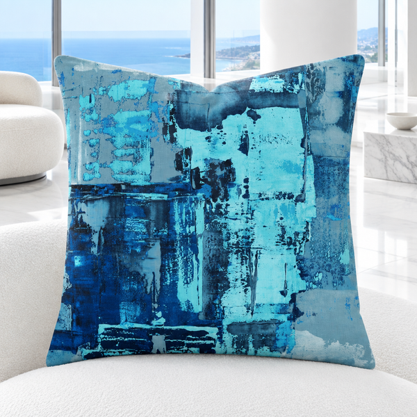 Blue 4 pillow upright in a bright-white modern Malibu residence