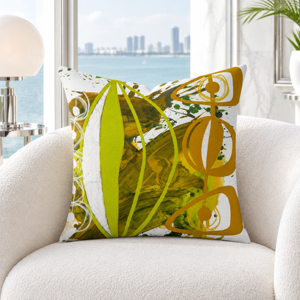 Chartreuse Yellow Ochre 4 pillow in white Miami Deco room