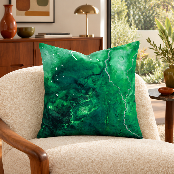 Green Energy 4 22-inch pillow in mid-century walnut and olive room