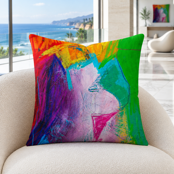 Emotions 3 pillow upright in a bright Malibu mansion with distant matching art