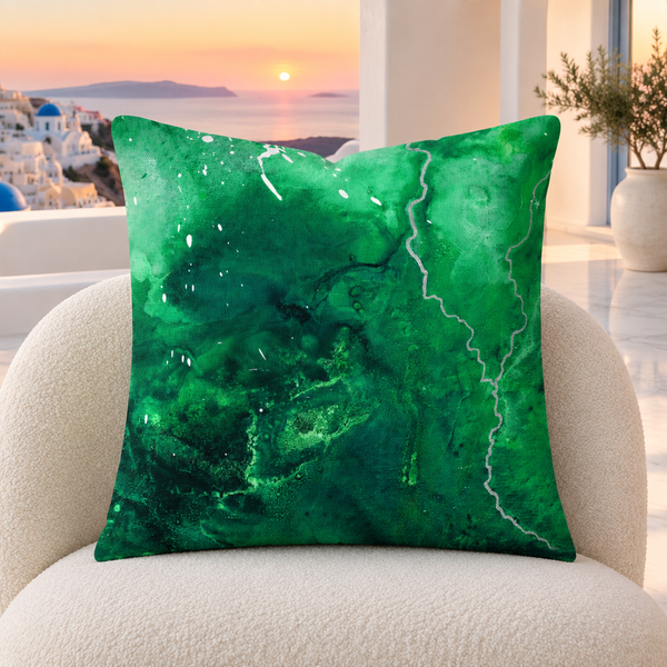Green Energy 4 pillow upright in a contemporary Santorini suite at sunset