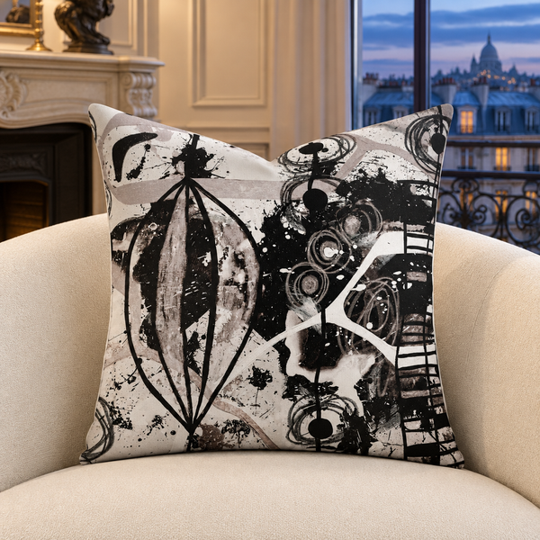 Modern Black White and Taupe 1ab 22-inch pillow in Paris apartment at dusk