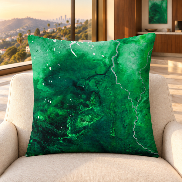 Green Energy 4 pillow upright in a warm Hollywood Hills mansion with distant matching art