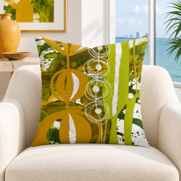Chartreuse Yellow Ochre URL 3 pillow in white Miami gallery with colorful details