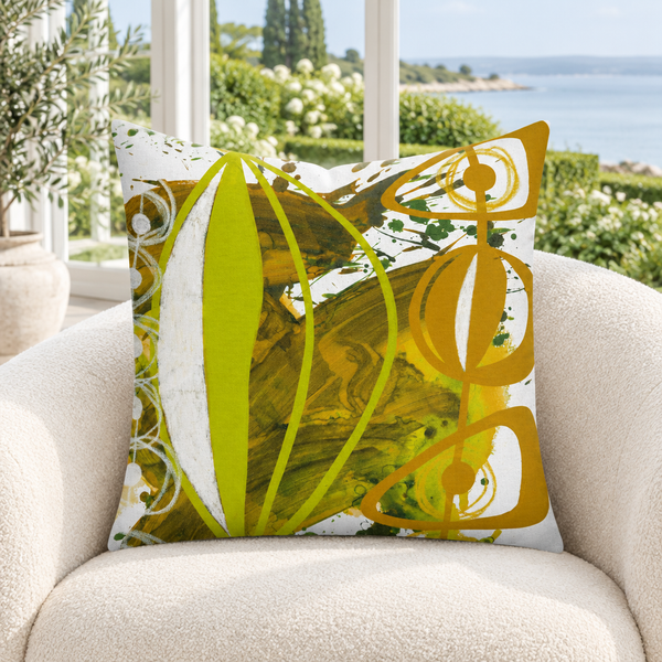 Chartreuse Yellow Ochre 4 pillow in white garden conservatory