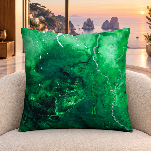 Green Energy 4 pillow upright in a modern Capri villa at sunset