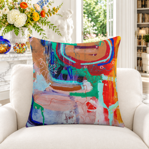 Reminiscence 2 pillow in white garden gallery with colorful flowers