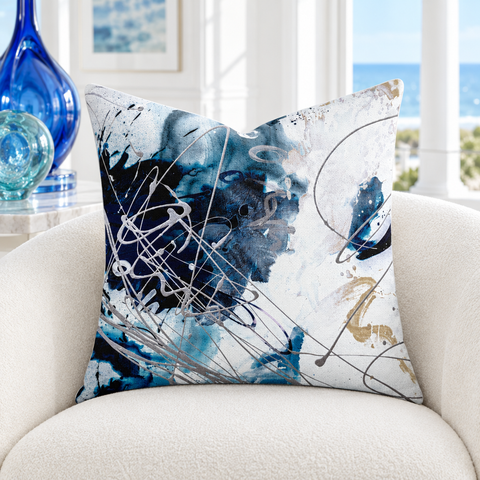 Nautical 2 - 3 pillow in white coastal room with blue glass