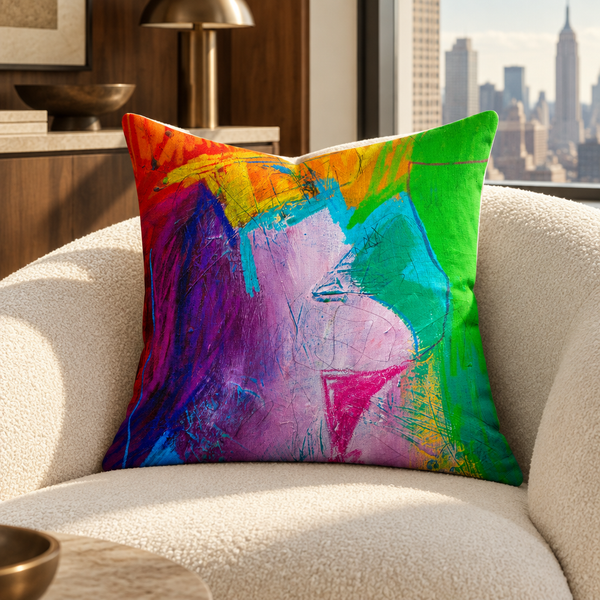 Emotions - 3 art pillow on an ivory chair in a Manhattan penthouse