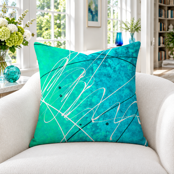 Gulf Waters 22-inch pillow in white garden sunroom with colorful details